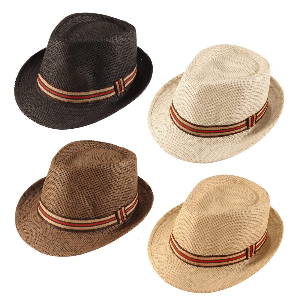 5104 4 Pack Straw Fedora Hat Short Brim Trilby Hat Classic Panama Summer